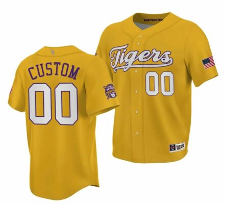 Custom LSU Tigers Jersey Name and Number 2023 College World Series Champions Gold NCAA Baseball