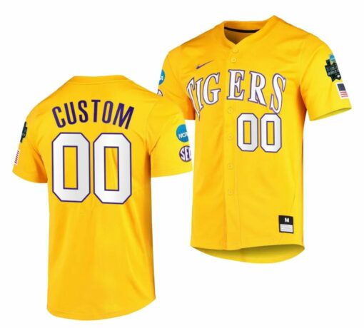 Custom LSU Tigers Jersey 2023 College World Series Name and Number NCAA Baseball Gold